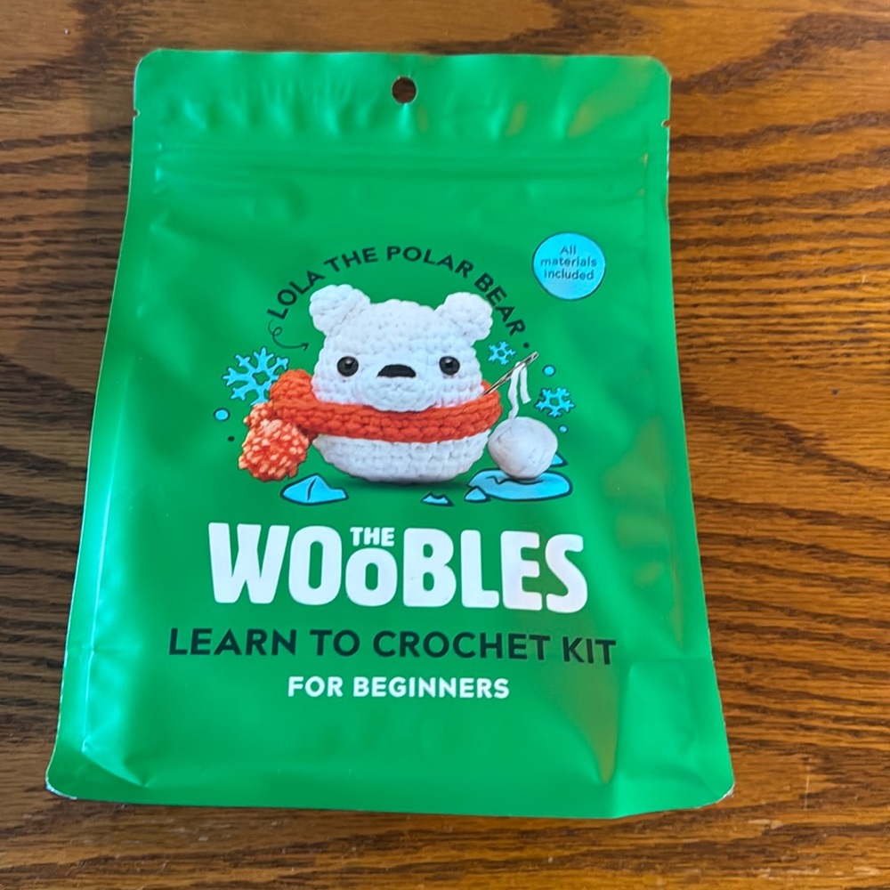 Woobles Lola the Polar Bear crochet Kit with blue hook sealed package